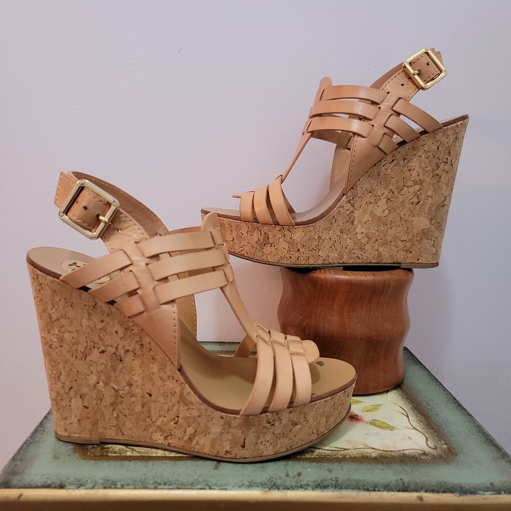 Tory Burch Tan Leather Wedge Sandal Size 7 - Picture 3 of 8